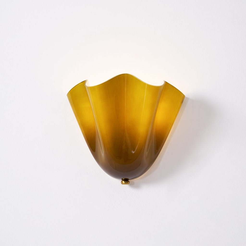 Wall Sconce Lighting with Wavy Glass Handkerchief Shade and Brass Finial