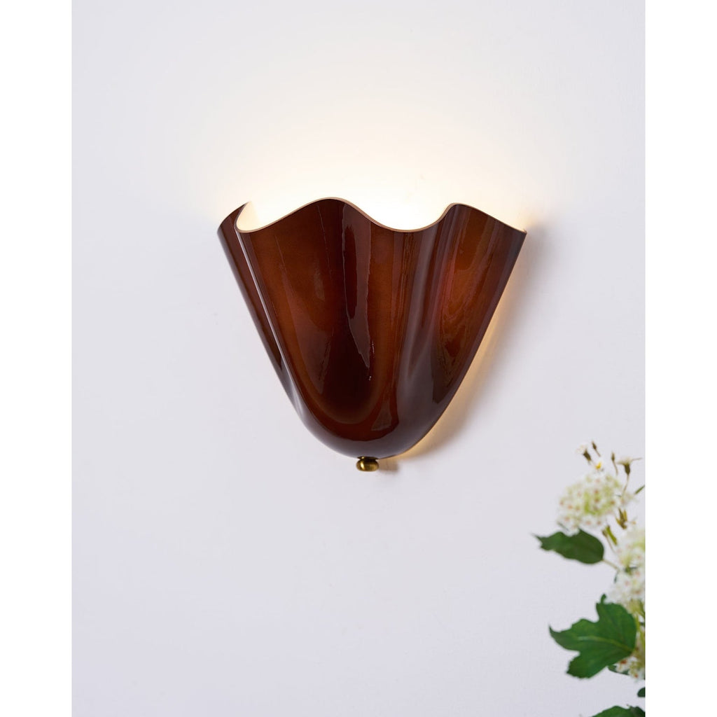 Wall Sconce Lighting with Wavy Glass Handkerchief Shade and Brass Finial