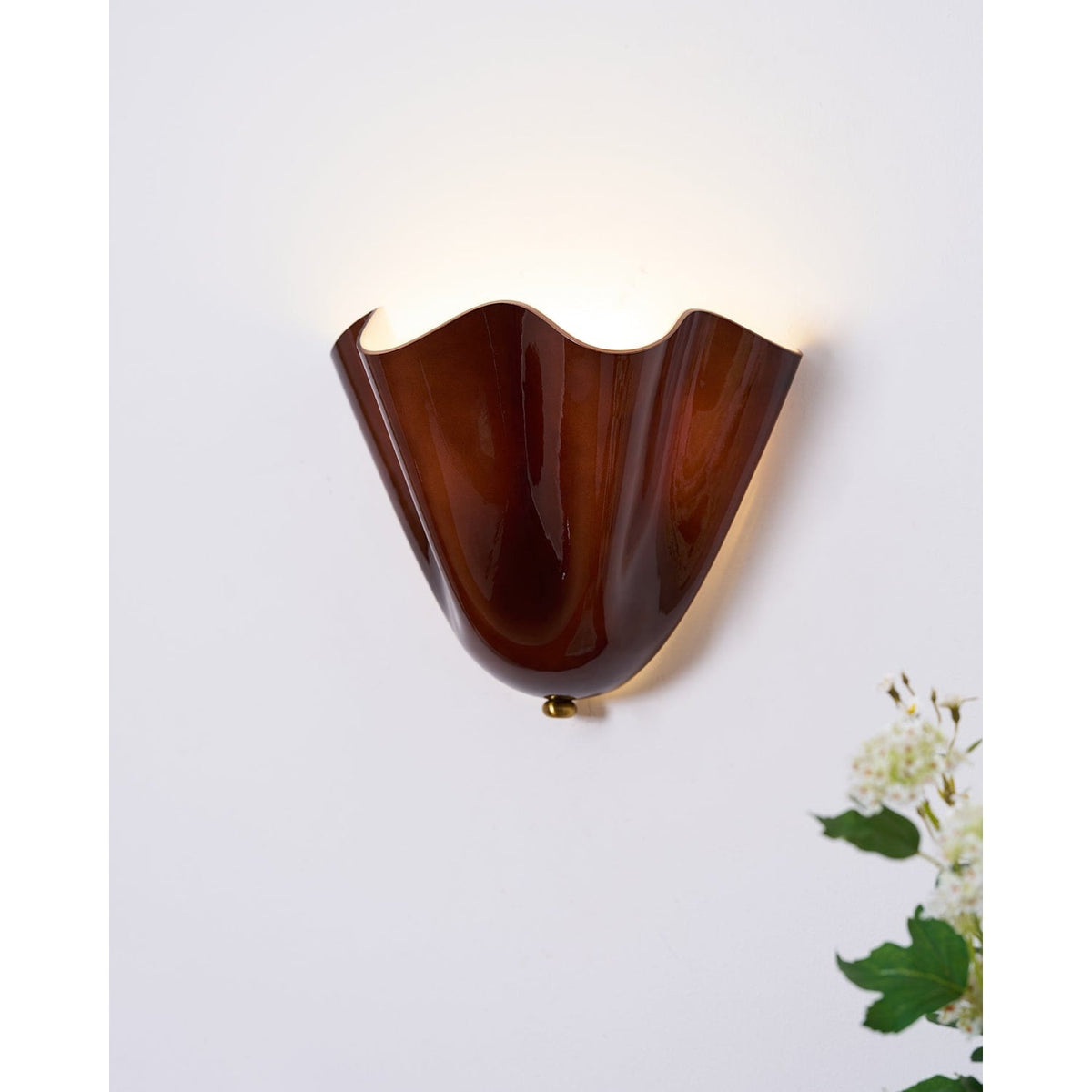Wall Sconce Lighting with Wavy Glass Handkerchief Shade and Brass Finial