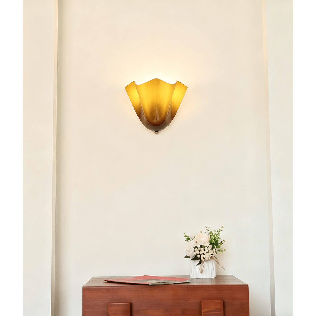 Wall Sconce Lighting with Wavy Glass Handkerchief Shade and Brass Finial