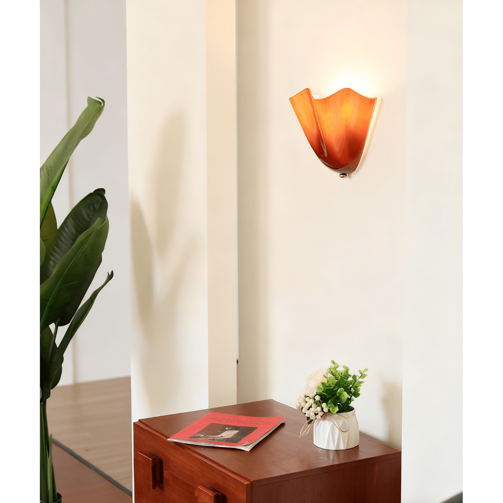 Wall Sconce Lighting with Wavy Glass Handkerchief Shade and Brass Finial
