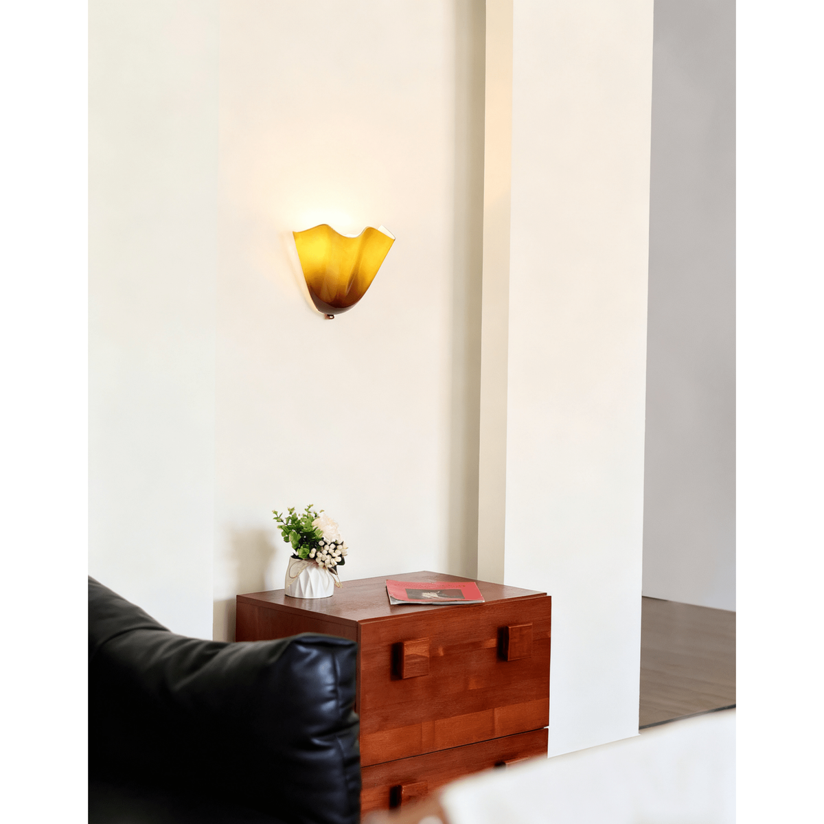 Wall Sconce Lighting with Wavy Glass Handkerchief Shade and Brass Finial