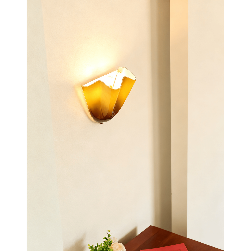 Wall Sconce Lighting with Wavy Glass Handkerchief Shade and Brass Finial