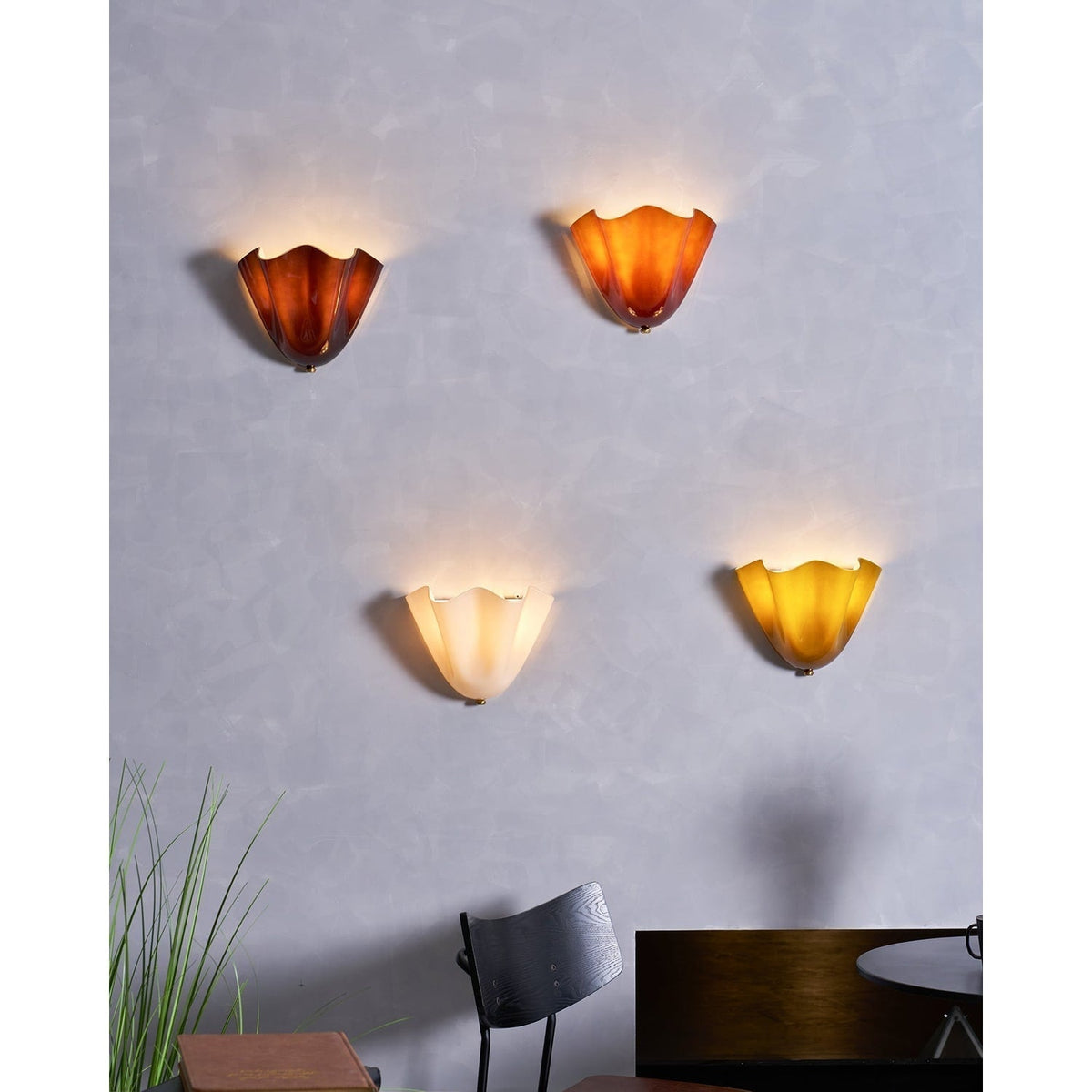 Wall Sconce Lighting with Wavy Glass Handkerchief Shade and Brass Finial