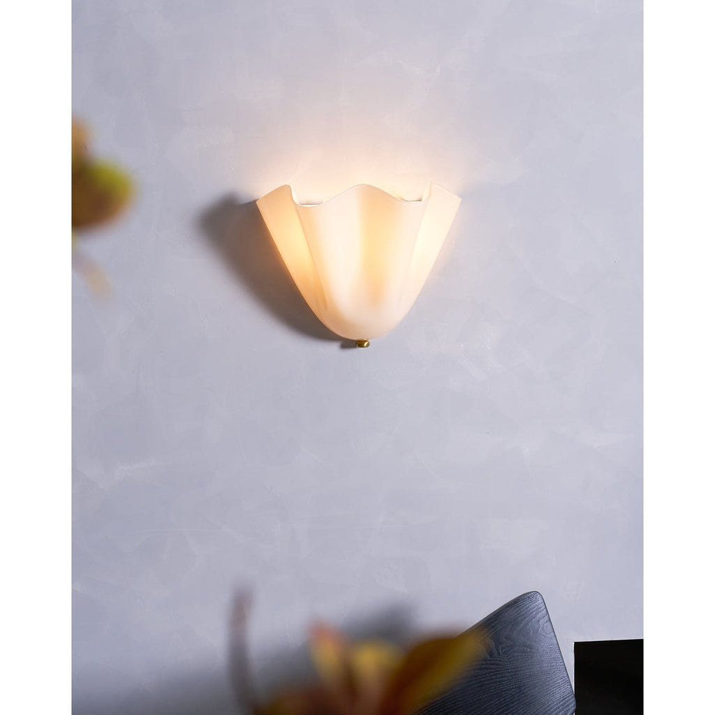 Wall Sconce Lighting with Wavy Glass Handkerchief Shade and Brass Finial