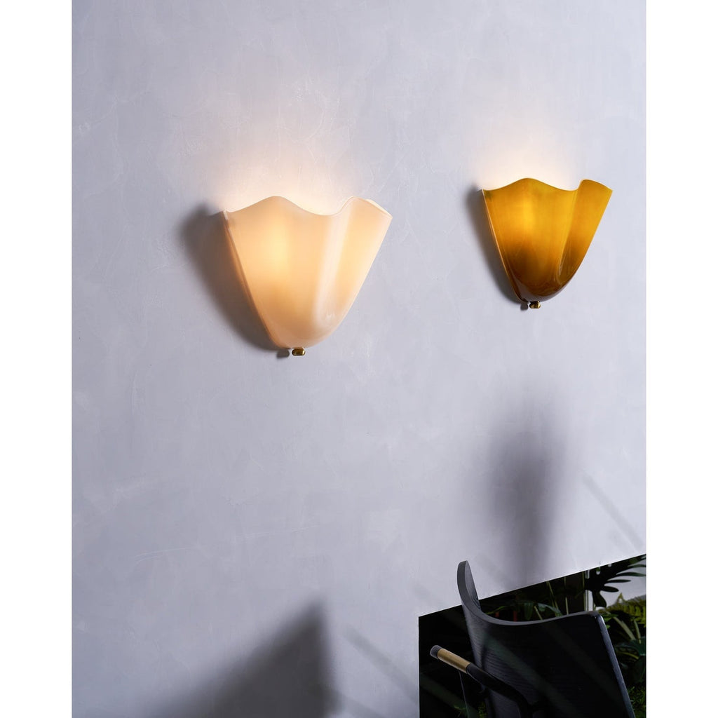 Wall Sconce Lighting with Wavy Glass Handkerchief Shade and Brass Finial