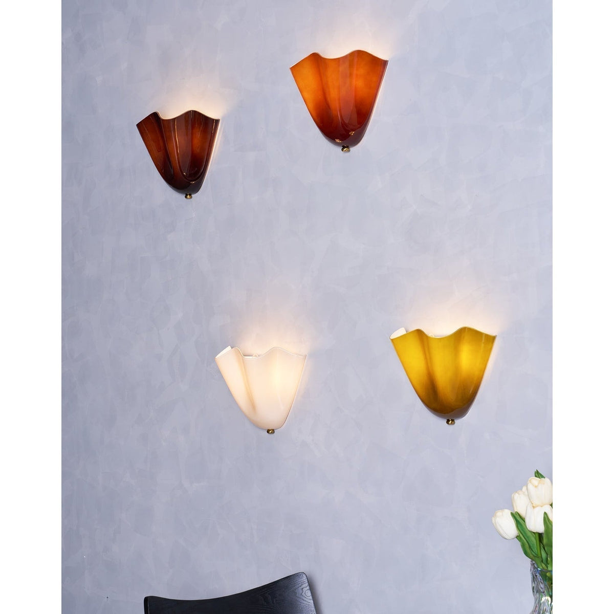 Wall Sconce Lighting with Wavy Glass Handkerchief Shade and Brass Finial