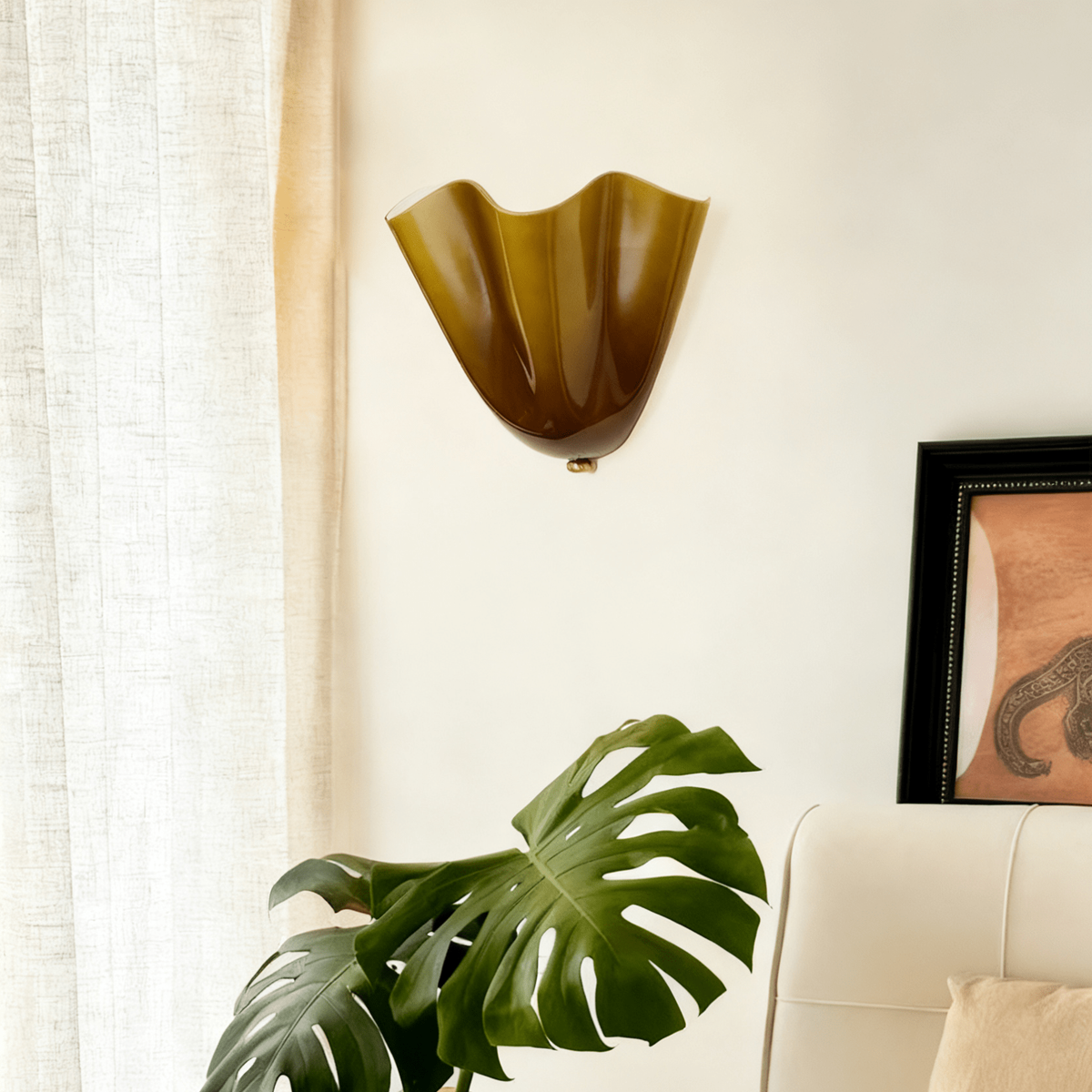 Wall Sconce Lighting with Wavy Glass Handkerchief Shade and Brass Finial