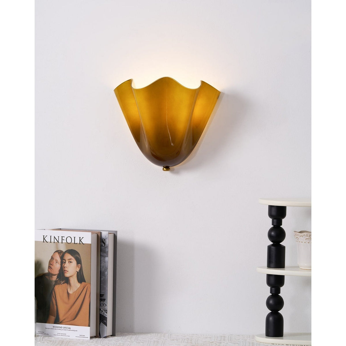 Wall Sconce Lighting with Wavy Glass Handkerchief Shade and Brass Finial