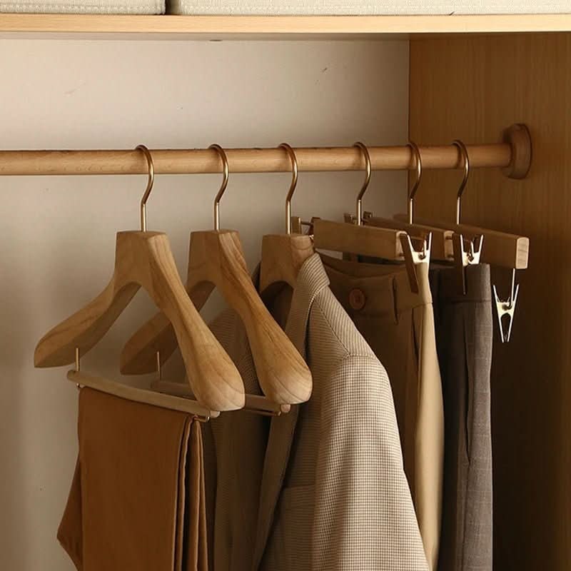 Wooden Clothes Hangers with Bar and Adjustable Clips for Suits and Coats