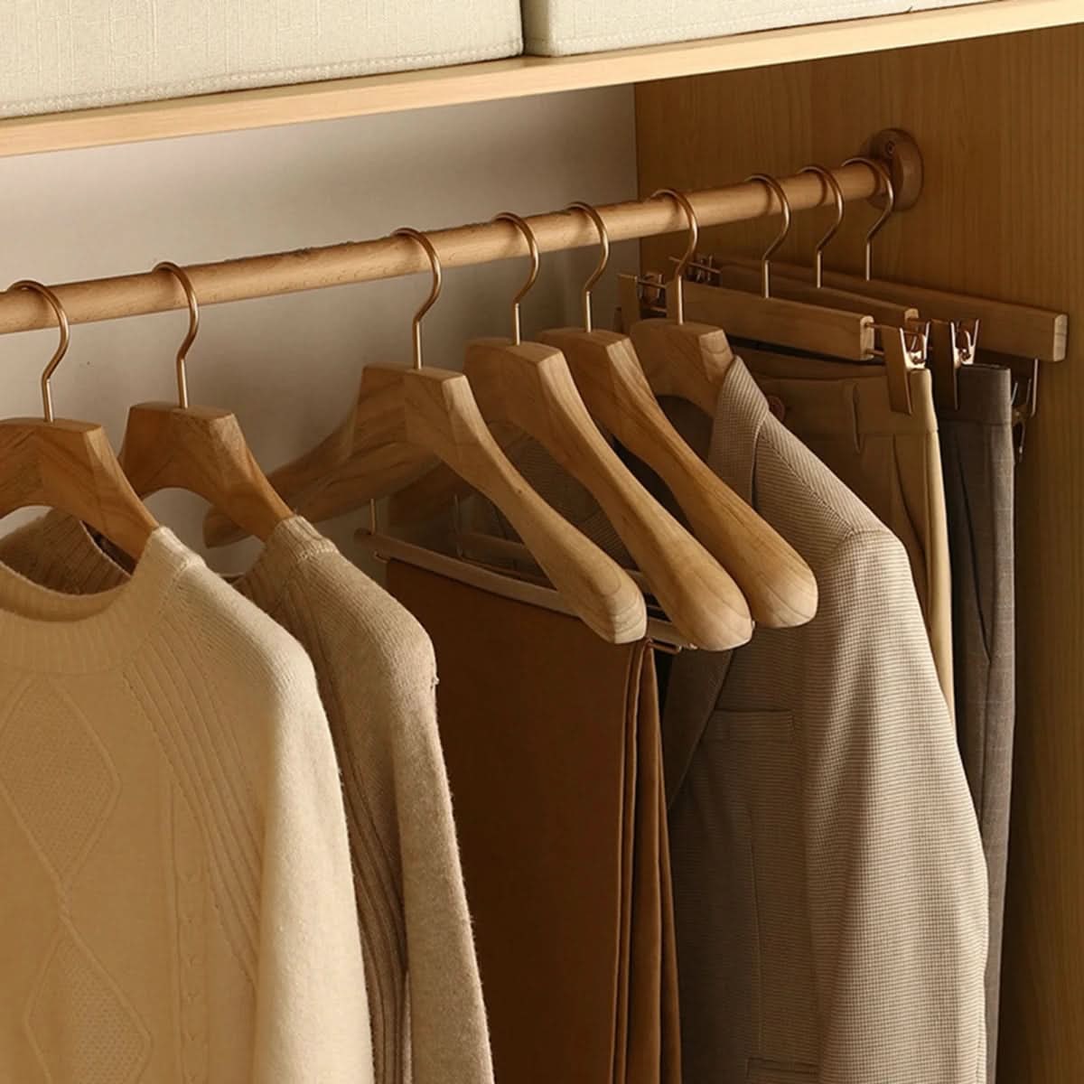 Wooden Clothes Hangers with Bar and Adjustable Clips for Suits and Coats