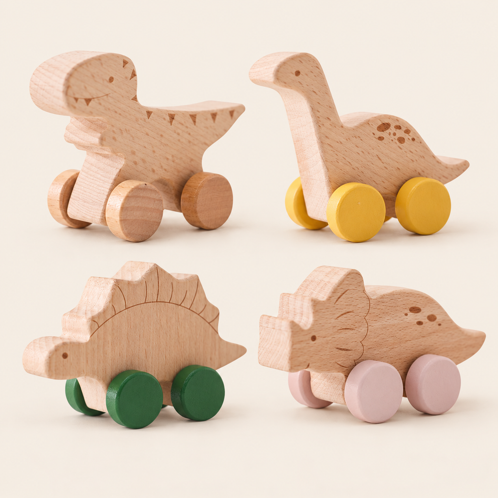 Wooden Dinosaur Push-Along Cars - Set of 4
