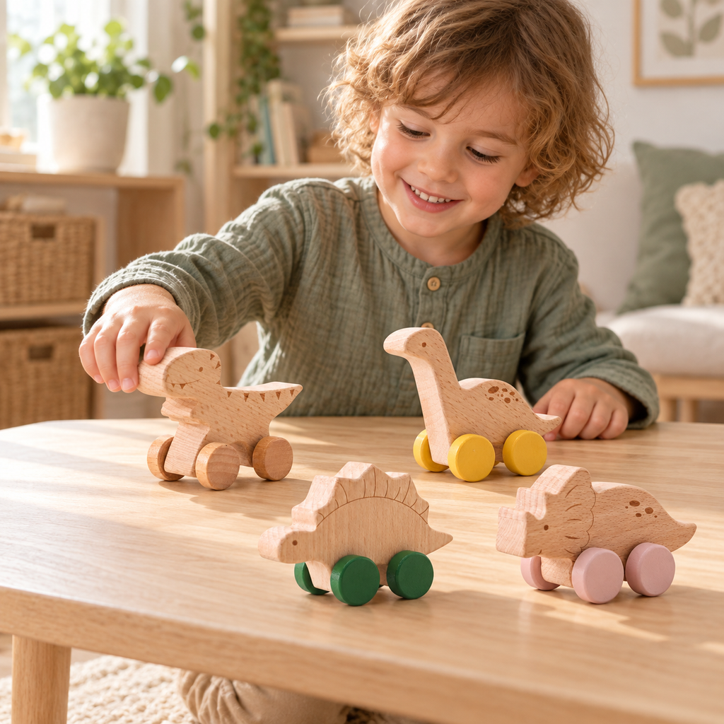 Wooden Dinosaur Push-Along Cars - Set of 4
