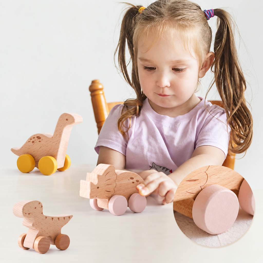 Wooden Dinosaur Push-Along Cars - Set of 4