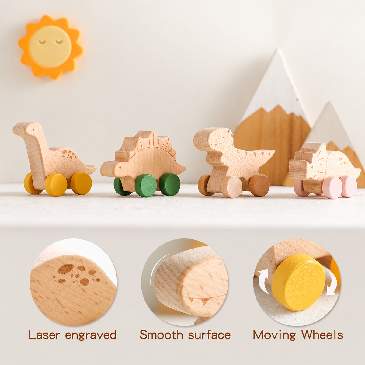 Wooden Dinosaur Push-Along Cars - Set of 4